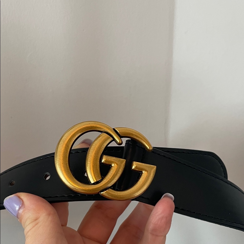 GG lBlack Leather Belt with Gold Double G Buckle
